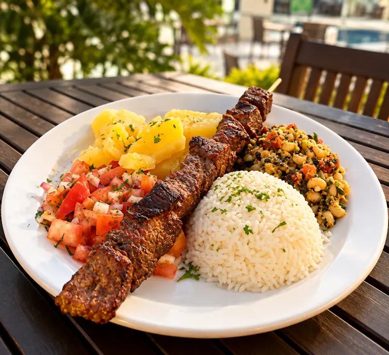 Espeto de carne com arroz, vinagrete e farofa