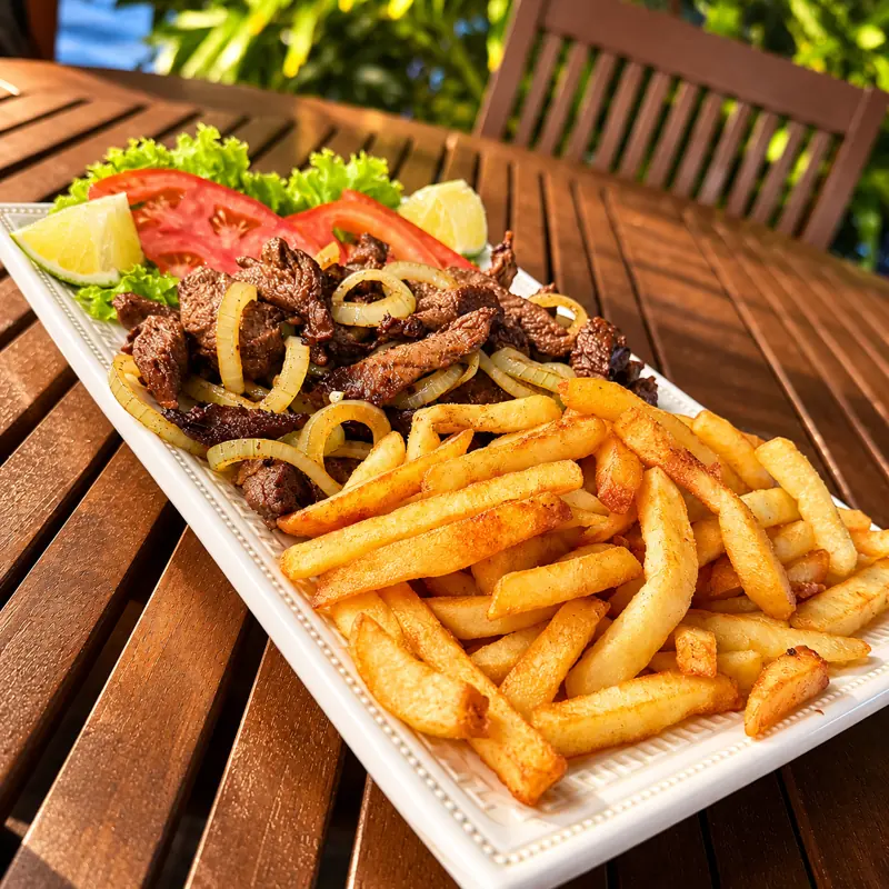 Carne com cebola e batata frita